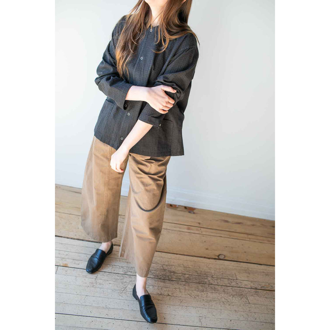 Chimala Unisex Cotton-Linen Plaid Rib Collar Shirt in Black