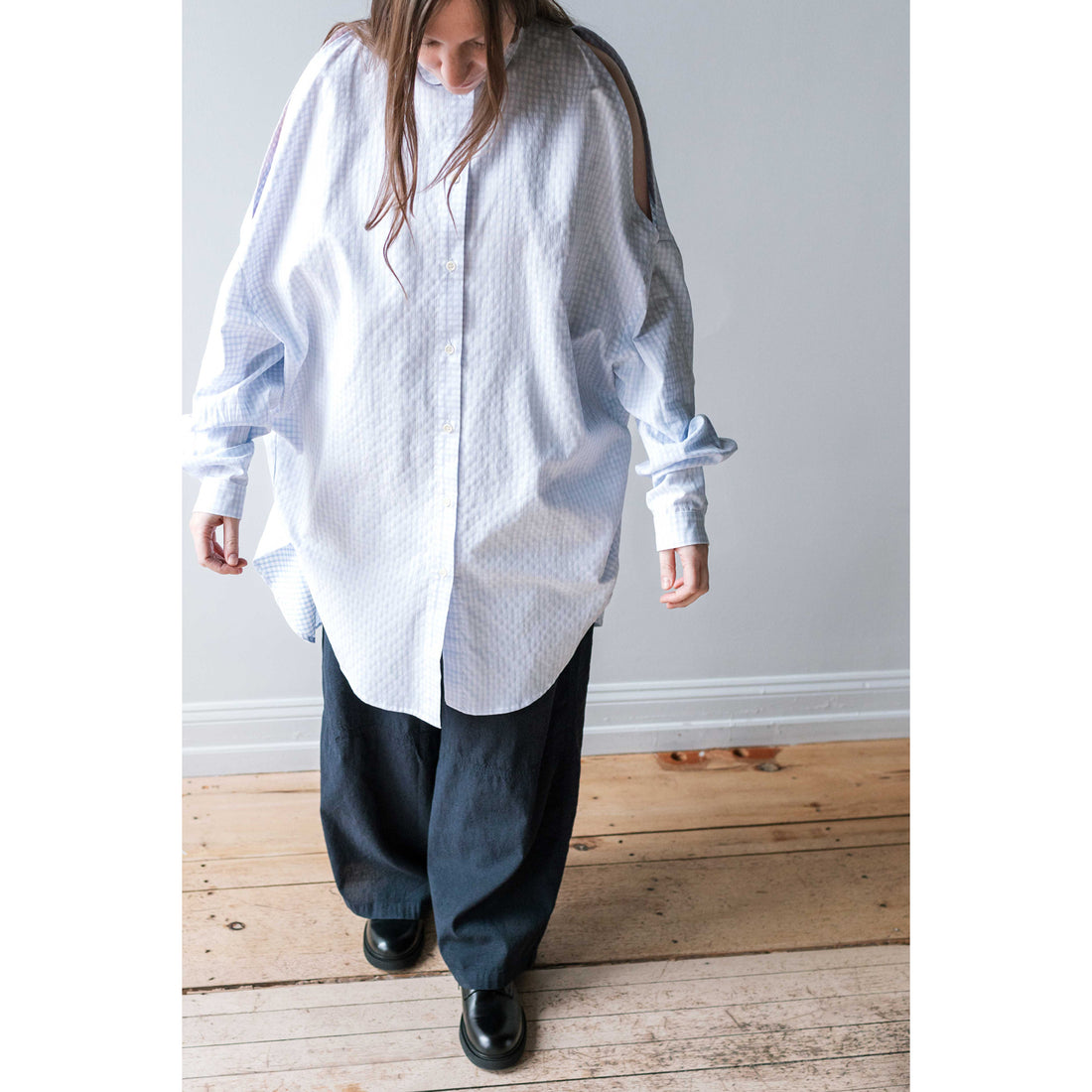 Henrik Vibskov New Bumble Shirtdress in White Blue Grid