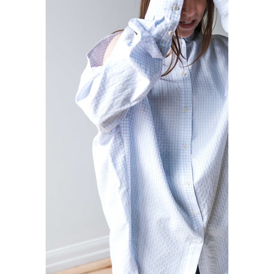 Henrik Vibskov New Bumble Shirtdress in White Blue Grid