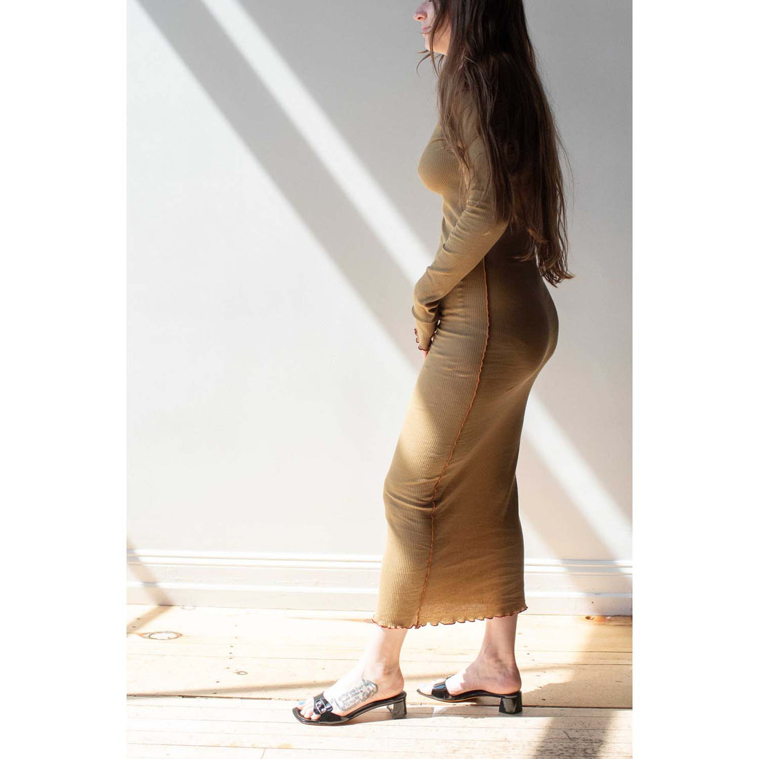 Baserange Vein Long Sleeve Dress in Jade Brown