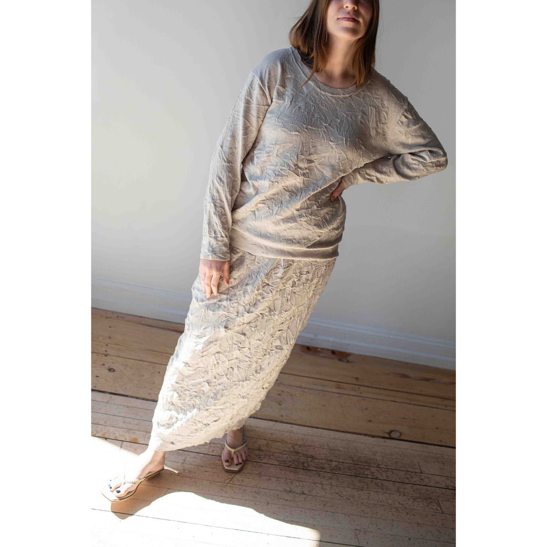 Black Crane Crinkled Summer Knit Skirt in Platinum
