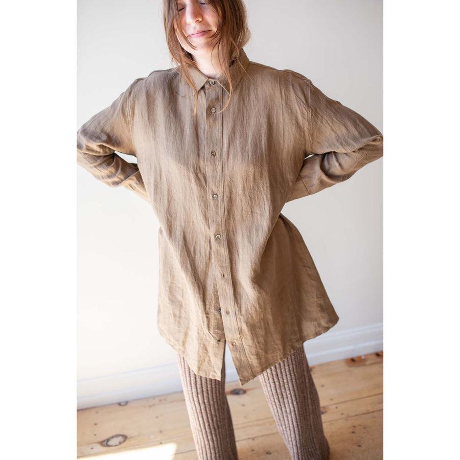 Ichi Antiquités Linen Natural Washer Long Sleeve Shirt in Brown