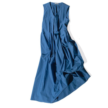 Black Crane Pleated V-Neck Dress in Blue