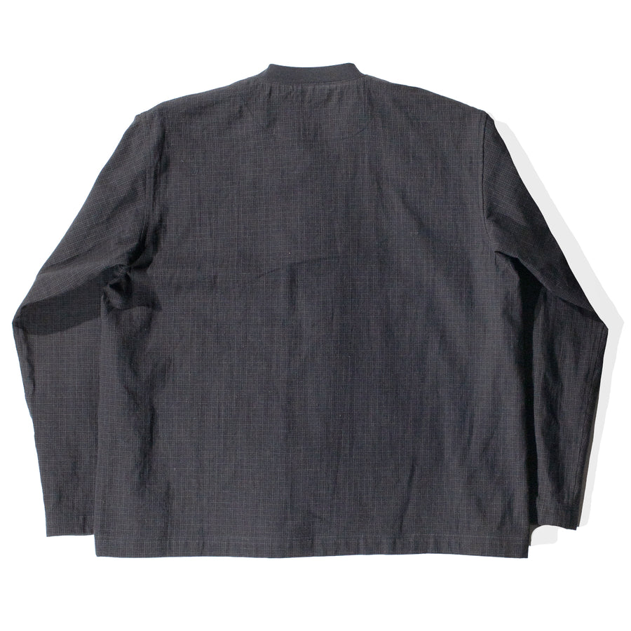 Chimala Unisex Cotton-Linen Plaid Rib Collar Shirt in Black