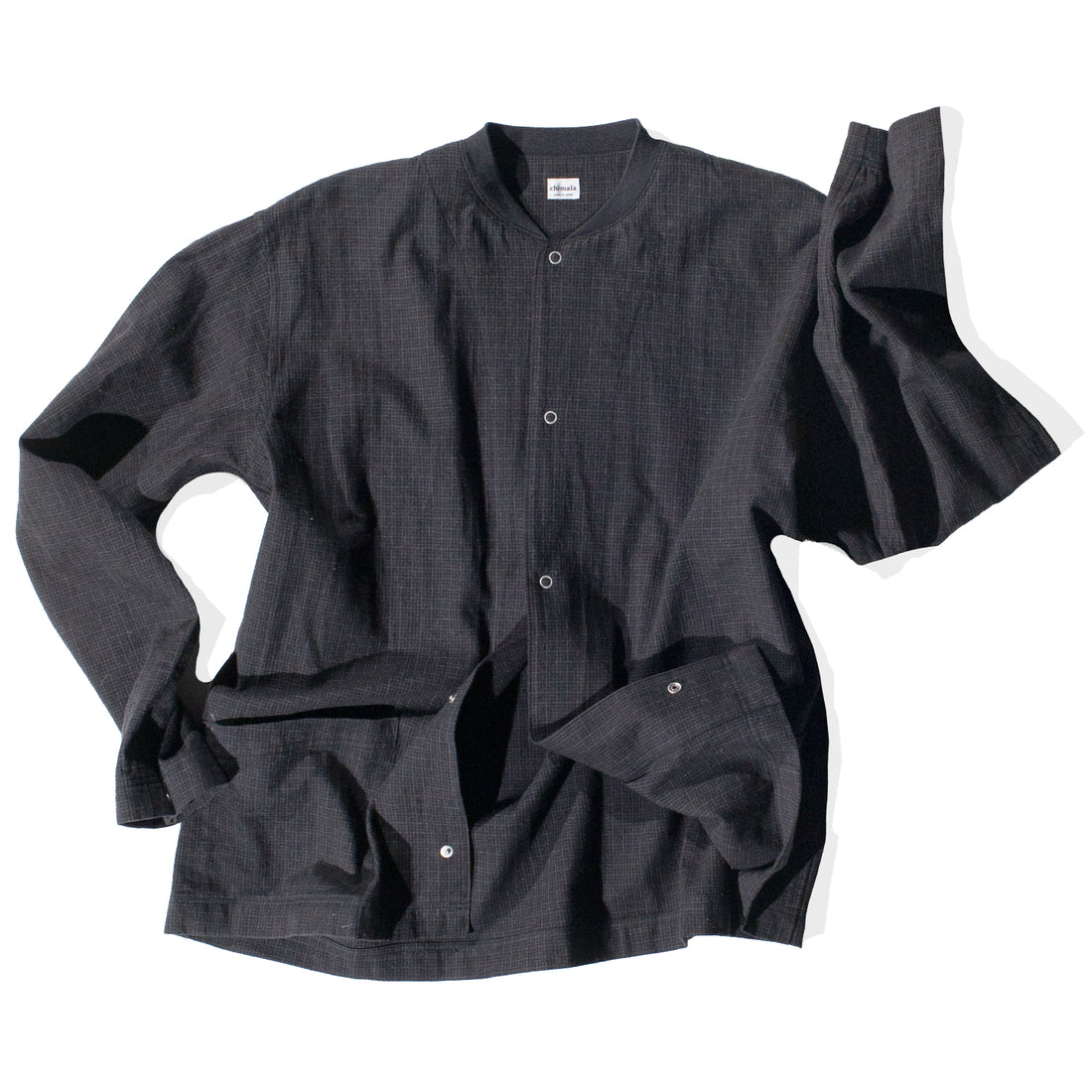 Chimala Unisex Cotton-Linen Plaid Rib Collar Shirt in Black