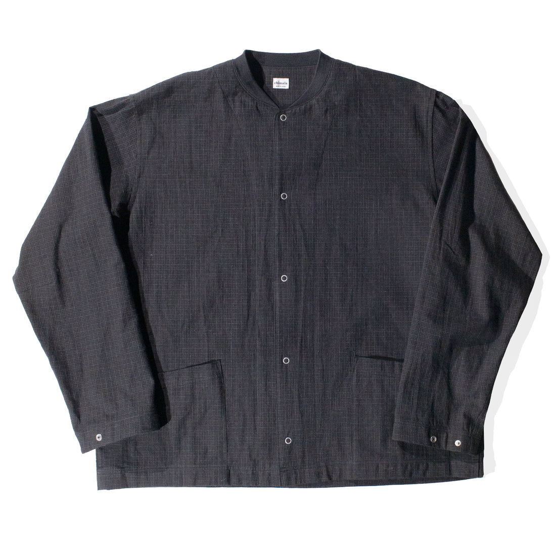 Chimala Unisex Cotton-Linen Plaid Rib Collar Shirt in Black